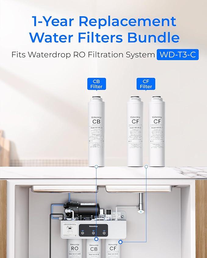 Waterdrop 𝐖𝐃-𝐓𝟑-𝐑𝐂 Replacement Filter 1-Year Combo, Pack of 2 CF Filters and 1 CB Filter, Replacement for 𝐖𝐃-𝐓𝟑-𝐂 Tankless Reverse Osmosis Water Filter System (𝟐*𝐂𝐅 + 𝟏*𝐂𝐁)