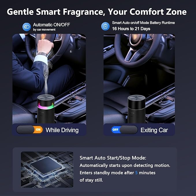 Smart Car Diffuser for Essential Oil,3000 mAH Rechargeable Battery,Cool Mist Aromatherapy Air Freshener Diffuser,Auto On/Off with Car,4/8H Timer Modes,for Bedroom,Office,Travel(Black)
