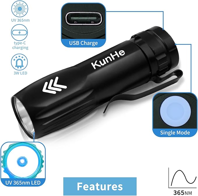 KunHe 10 Pack Mini 365nm UV Flashlight Rechargeable Black Flashlight for Hotel Cleaning Pet Stain Detection Scorpion Seeking Mineral Identification Resin Curing