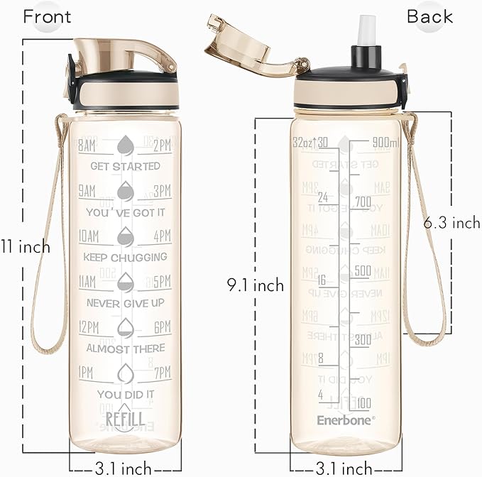 Enerbone Water Bottle, Leakproof BPA & Toxic Free, Motivational Water Bottle with Times to Drink and Straw, Fitness Sports Water Bottle with Strap for Office, Gym, Outdoor Sports