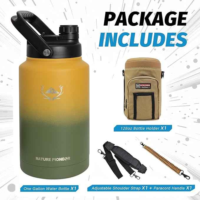 NATURE PIONEOR 1 Gallon Insulated Water Bottle - Double Vacuum Stainless Steel 128 oz Water Bottle with Holder, Wide Mouth & 2-in-1 Lid (Flip Straw & Spout), 1 Gallon Water Jug, Hiking, Camping, Gym