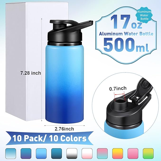 Mimorou 10 Pack Reusable Aluminum Water Bottles Bulk Multicolor Outdoor Sports Water Bottles for Travel Gym Cycling Camping, Snap Lid