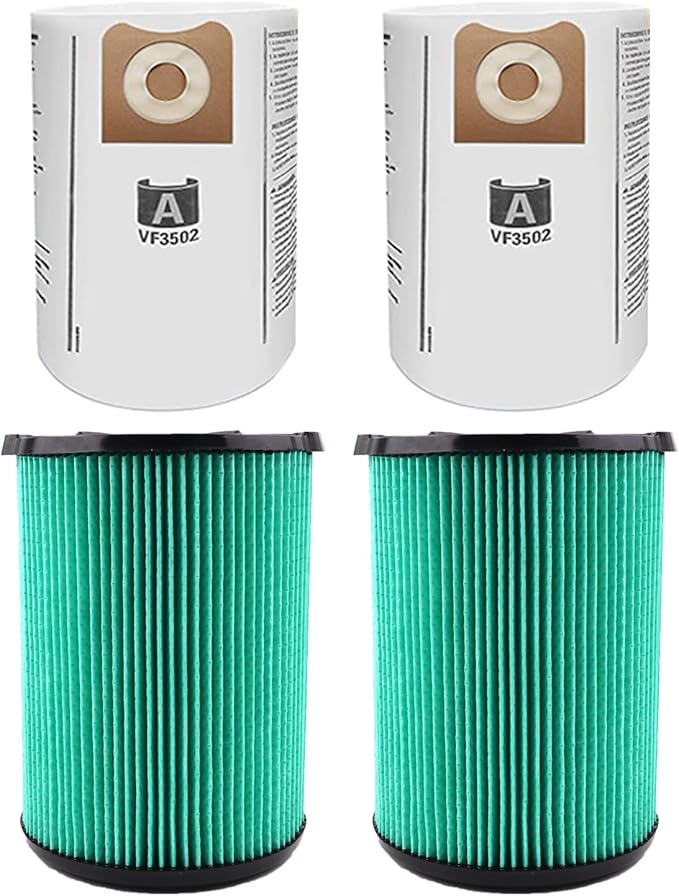 2 Pack VF6000 5-Layer Replacement Filter for Ridgid 5-20 Gallon Wet Dry Vacuums,2 Pack VF3502 Replacement Vacuum Bags Compatible with Ridgid Wet/Dry Vacuum 12-16 Gallon - AquaVibe