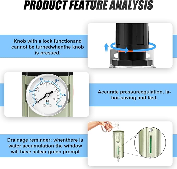 1/2" NPT Heavy Duty Industrial Grade Air Compressor Moisture Filter, Manual Drain, Particulate Filter and Air Regulator For Plasma Cutter and Paint Spray - AquaVibe