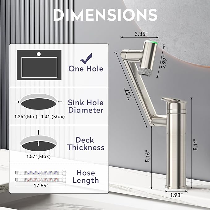 HOWUWEY Brushed Nickel Rotatable Single Hole Bathroom Vanity Faucet with Temperature Display & HOWUWEY Chrome Filtered Dual Shower Head with Handheld Spray Combo for Hard Water