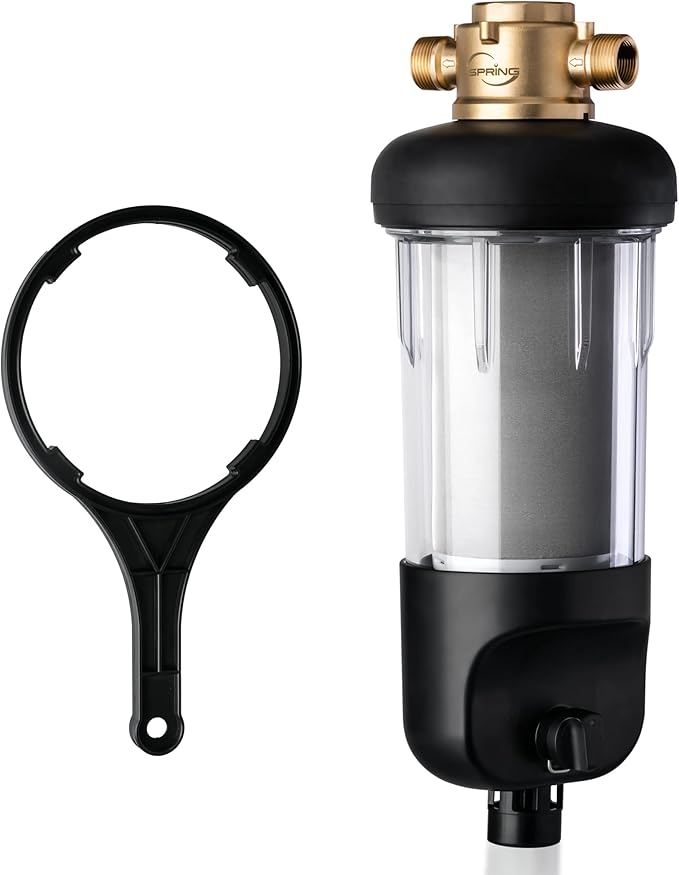 iSpring WSP500J Reusable Whole House Spin-Down Sediment Water Filter, Upgraded Jumbo Size, Large Capacity, 500-Micron Flushable Prefilter Filtration, 1" MNPT + 3/4" FNPT, Lead-Free Brass