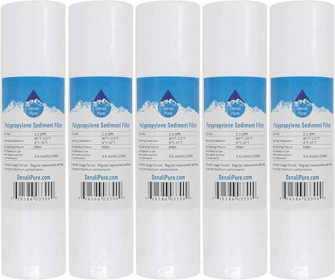 5-Pack Replacement for APEC ROES-50 Polypropylene Sediment Filter - Universal 10-inch 5-Micron Cartridge Compatible with APEC ROES-50 - Essence 5-Stage 50 GPD Reverse Osmosis System - Denali Pure