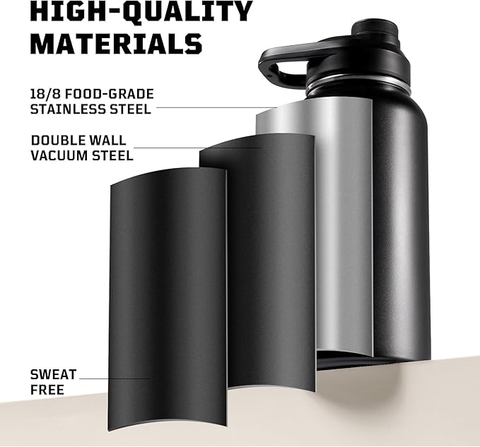 ONETIGRIS 32 oz Insulated Water Bottle with Straw - Tactical Stainless Steel Water Jug, Leakproof Thermos Wide Mouth Sport bottle with 3 Lids and Sleeve for Travel, Gym, Camping, Hiking