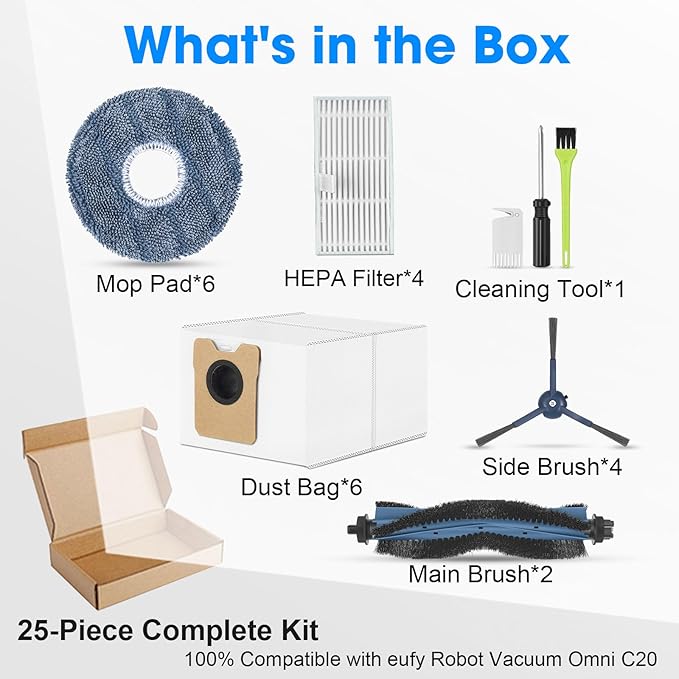 25PCS Replacement Parts for eufy Omni C20 Vacuum Cleaner Includes Main Brush, Mop Pads, HEPA Filters, Dust Bags, Side Brushes High-Performance Compatible with eufy Robot Vacuum Cleaner - AquaVibe