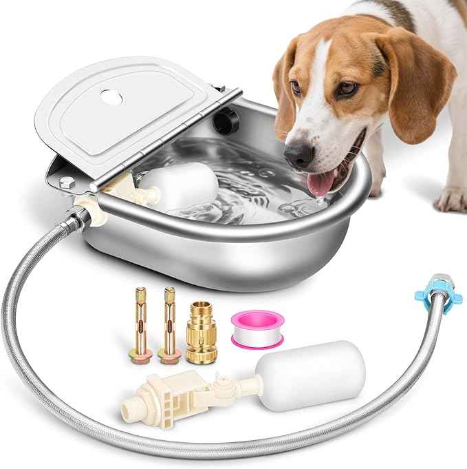 Automatic Animal Drinking Water Bowl with Drain Hole & Float Valve, 71" Extended Pipe, Stainless Steel Waterer Feeder Farm Dog Dispenser Kit Self Filling