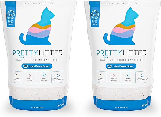 PrettyLitter Health Monitoring Cat Litter (Lotus Flower, Non Clumping) | Lightweight & Low Tracking, Color Changing Silica Gel Crystals, Advanced Odor Control — 6 Lbs, Pack of 2 (Two Month Supply) - AquaVibe