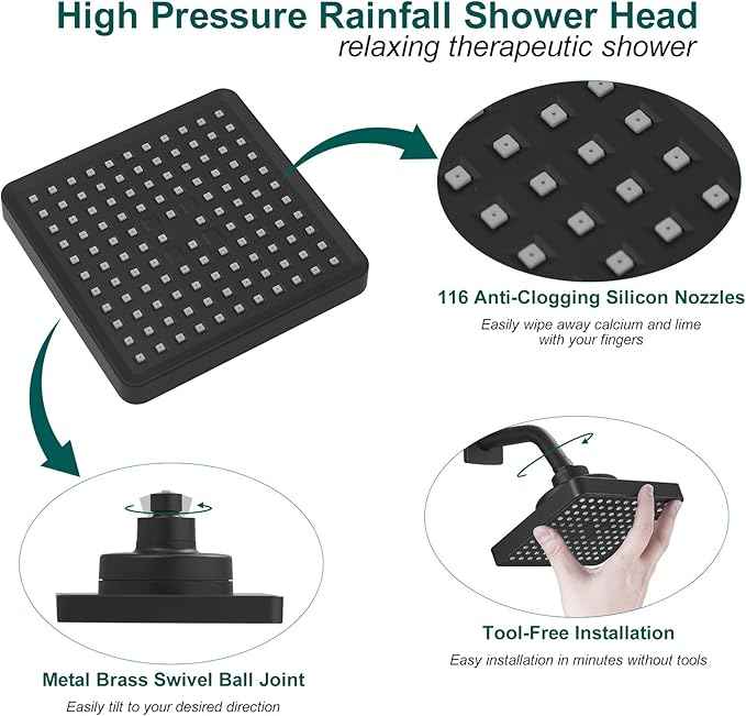 Hoimpro Filtered 6 Inch Square Shower Head High Pressure Bathroom Rain Showerhead Filter for Hard Water to Remove Chlorine and Harmful Substances, Replacement filter Matte Black