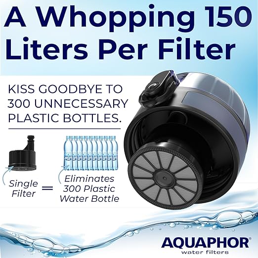 Nakii Filtered Water Bottle, Leakproof, BPA-Free, Motivational Markings, Travel, Everyday Use. 40-Gallon Filter, Replaces 300 Plastic Water Bottles. Includes 1 Filter, 22 FL Oz, Grey by Aquaphor