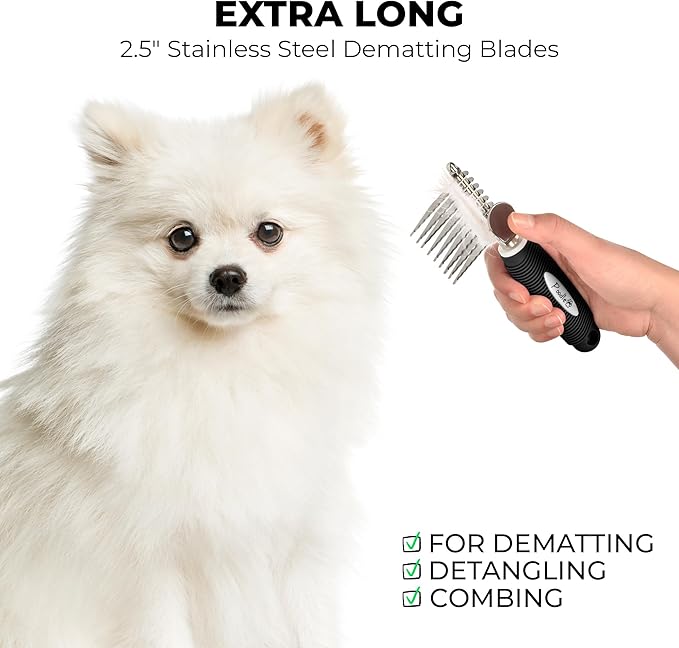 Poodle Dematting Fur Rake Comb Brush for Dogs and Cats - Long 2.5" Steel Safety Blades Metal Comb for Detangling Matted or Knotted Undercoat Hair - AquaVibe