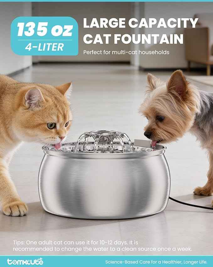 Tomxcute Cat Water Fountain, 4.0L/135oz Stainless Steel Cat Water Fountain, Flower Design, Ultra-Quiet Pump, Includes 3 Replacement Filters, for Cats and Dogs