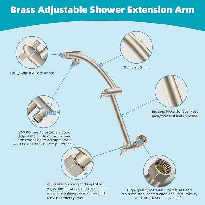 Hibbent Rain Filtered Shower Head, 13'' High Pressure Rainfall 5 Modes Showerhead with 16" Shower Head Extension Arm, Solid Brass Adjustable Shower Arm Extender, 20 Stage Shower Filter, Brushed Nickel