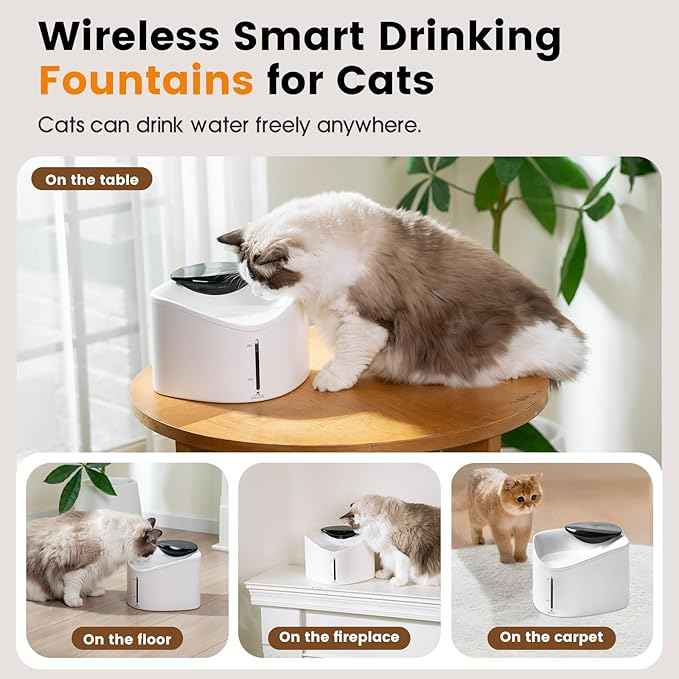 Wireless Cat Water Fountain, BPA-Free Ensure Safety, 2.5L/84oz App Control Smart Pet Water Fountain Rechargeable Battery Operated with Hydration Tracking, Ultra-Quiet Automatic Cats Dog Dispenser