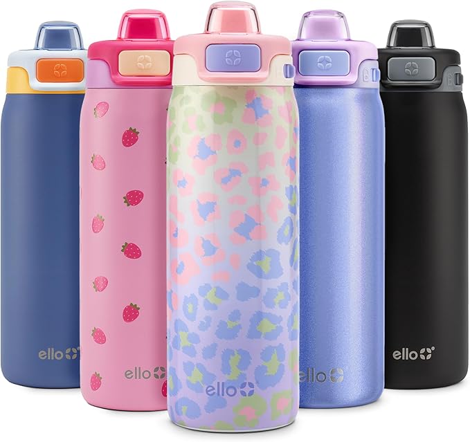 Ello Pop & Fill 18oz Stainless Steel Kids Water Bottle with Quick Fill Lid | Vacuum Insulated BPA Free Bottle with Leak Proof Straw and Chug Lid, Dishwasher Safe, Gift For Kids Teens, Cheetah