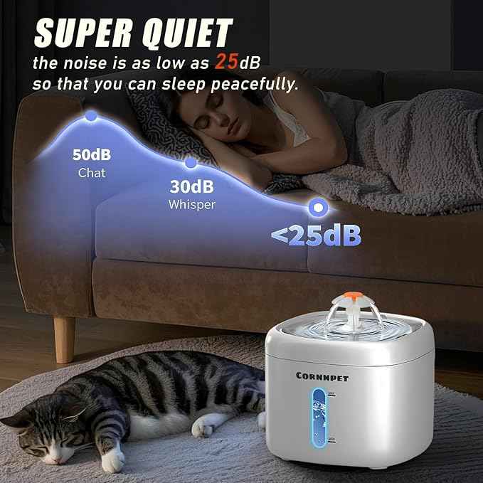 Cat Water Fountain 2.2L with 3 Filters and 1 Mat, Dual Flow Modes Dog Water Fountain with Ultra Silent and Auto Stopping for Small Kitty Cats and Dogs - White
