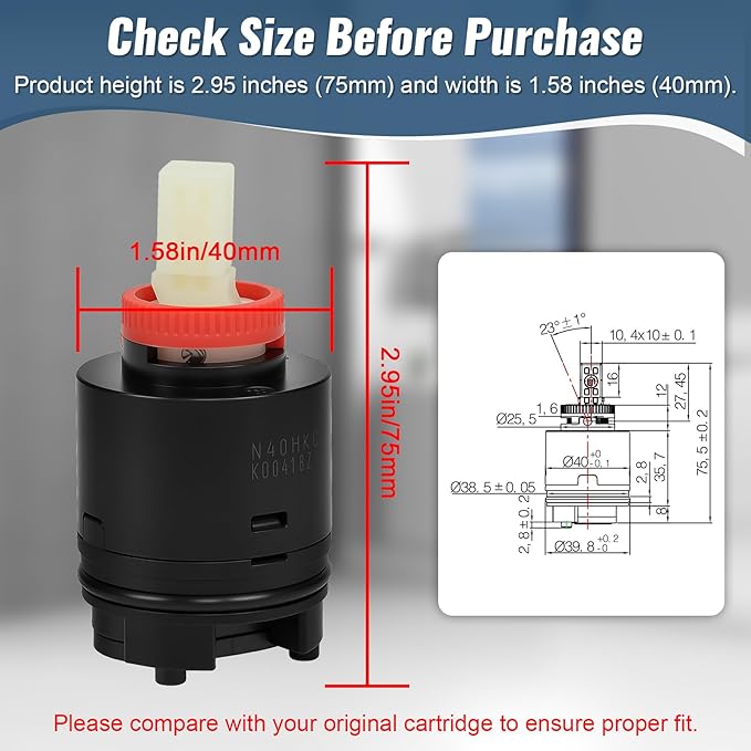 N40HKC Shower Cartridge Replacement H75.5mm,Fit for SR SUN RISE Shower Cartridge,Black 40mm Shower Faucet Cartridge,for Tub/Shower Faucet, Shower Mixer Valve, Ceramic Shower Single Lever