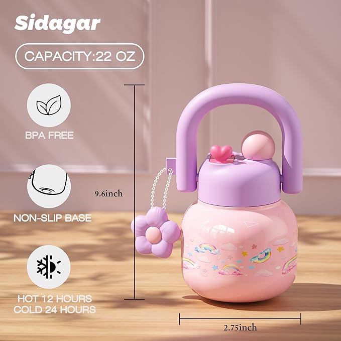 22 oz Tumbler with Straw and Carry Handle, Wide Mouth Insulated Stainless Steel Travel Water Bottle, Leakproof Flask for Nursery, Kawaii Aesthetic Purple Water Jug with 3D Charm