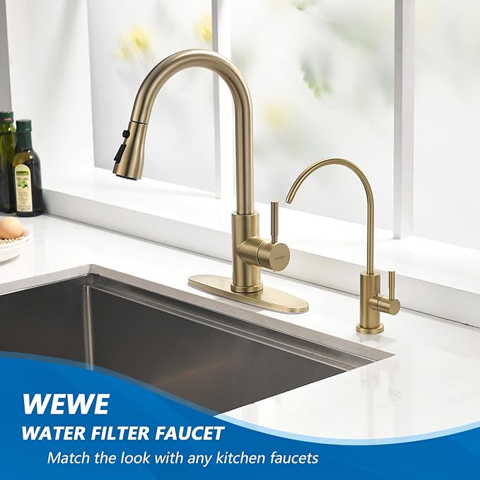 WEWE Drinking Water Faucet for Kitchen Sink, Gold Kitchen Water Filter Faucet Stainless Steel for Reverse Osmosis or Water Filtration System Beverage Non-Air Gap RO Faucet Gold Finish