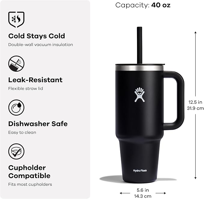 Hydro Flask Travel Tumbler with Handle, Lid and Straw - Insulated Stainless Steel in 40 Oz Nectar Orange