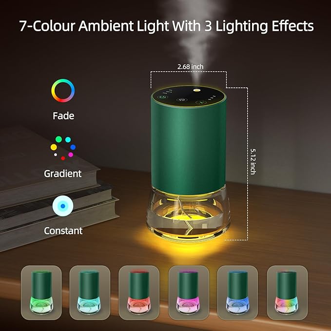 Waterless Essential Oil Diffuser 100ML Large Capacity Battery Operated Cordless Aromatherapy Diffuser with Timing & 3 Mist Levels car Diffuser 7 Colour Led Lights (Green)