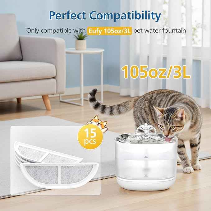 15-Pack Cat Water Fountain Filters Compatible with eufy Stainless Steel Pet Fountain 3L/105oz, Pet Water Fountain Filter with Triple Filtration System for Cats and Dogs