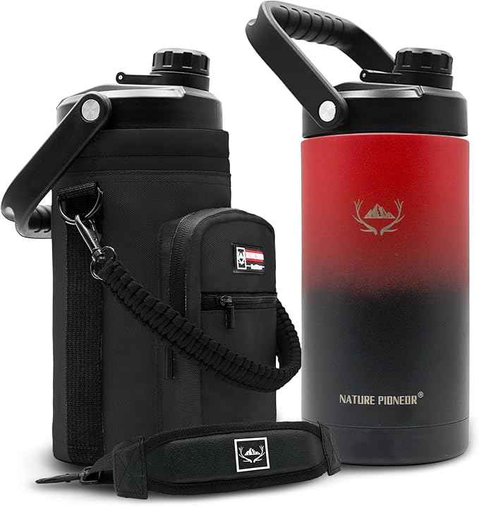NATURE PIONEOR 64 oz Insulated Water Bottle - Double Vacuum Stainless Steel Half Gallon Water Jug with Holder/Carrier, Wide Mouth, Outdoor Sports, Hiking, Camping, Gym