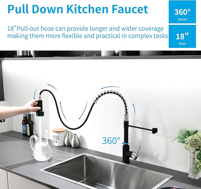 GIMILI Kitchen Faucet with Pull Down Sprayer Single Hole Stainless Steel LED Faucet, Suitable for Farmhouses, RV, Laundry Room, Outdoor, and Campers. Llave para fregadero de cocina Nickel and Black