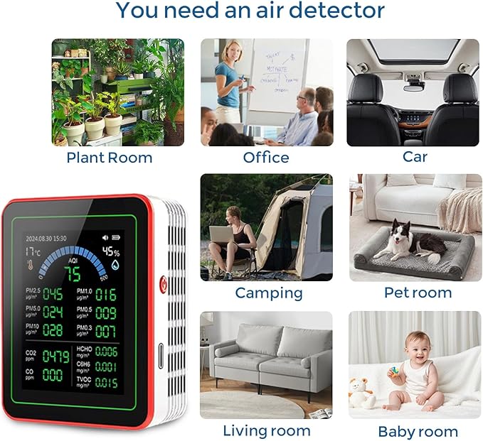 TianfuSpanda18-in-1 Smart Air Quality Monitor Indoor, CO2/CO/HCHO/TVOC/C6H6/PM0.3-10 Detection, Real-Time Data Logging & Bluetooth Sync, AQI Alarm, Type-C Charging for Home/Office/Car (2.8" Display)