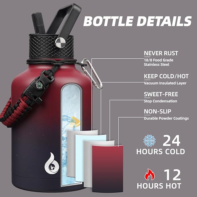 BJPKPK Insulated Water Bottles with Straw Lid, 50oz Large Water Bottle with 3 Lids and Paracord Strap, Stainless Steel Metal Water Bottle, Insulated Water Jug,Charming Red
