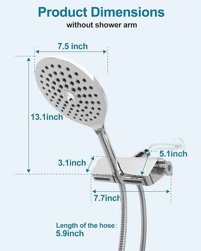 7.5" Rainfall Filtered Shower Head with Handheld Showerhead with Filter High Pressure 2-in-1 Dual Spa System Water Softener Filters for Hard Water 59" Stainless Steel Hose Chrome Polish