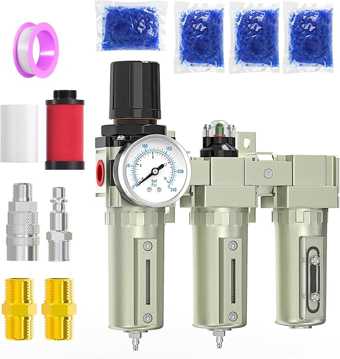 Heavy Duty Industrial Grade 3/4" NPT 3 Stage Air Drying System,Coalescing Filter, Particulate Filter, Desiccant Dryer and Air Regulator, Manual Drain, For Plasma Cutter and Paint Spray - AquaVibe