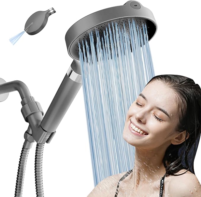 Filtered Shower Head, 6 inch High Pressure Handheld Shower Head with Filter for Hard Water, 6 Spray Modes Detachable Showerhead with Hose and Shower Arm Bracket, Dark Grey - AquaVibe
