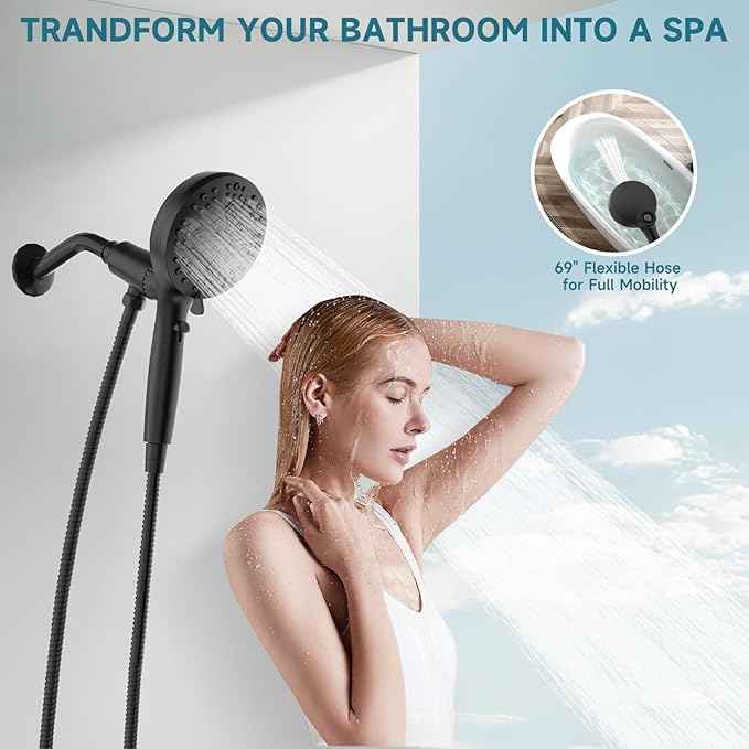 Shower Heads With Handheld Spray Combo,6" High Pressure Rain Shower Head with Filters,5" Filtered Shower Head,Dual Shower Head Set With 69" Stainless Steel Shower Hose (Black-Handheld)