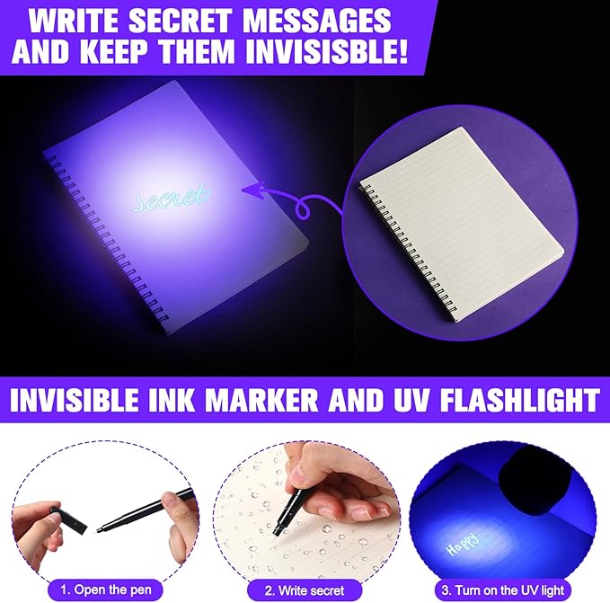 Tegeme 4 Invisible Ink Pen Set 2 Invisible Marker 2 Blacklight Flashlights with UV Black Light Markers Disappearing Ink Pen for Secret Notes Holiday Gifts Favors(51 LED)
