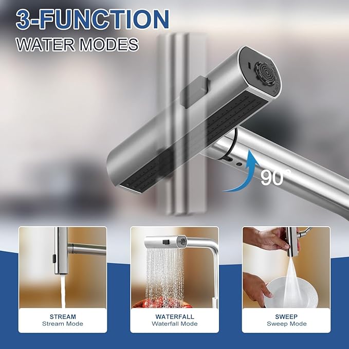 Kitchen Faucet with Pull Down Sprayer: ALEASHA Waterfall Kitchen Sink Faucet with 3 Function Pullout Sprayer, 360° Rotatable Single Hole Faucets for Modern RV/Bar, Single Handle, Brushed Nickel