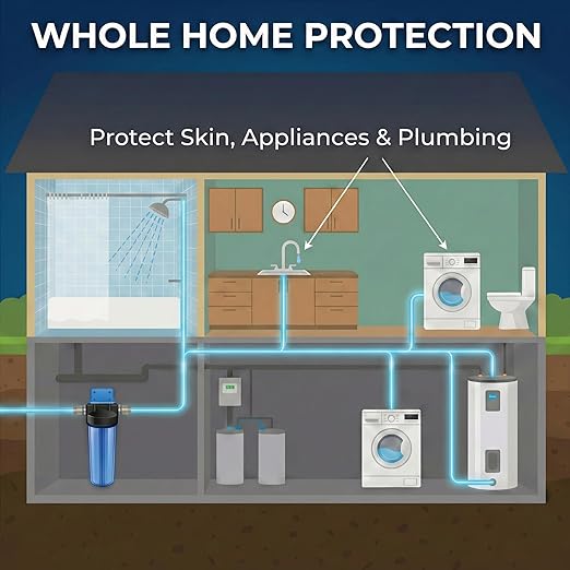 20" x 4.5" Whole House Water Filter Housing with Bottom Drain Port - 1" NPT Brass Ports, BPA-Free Blue Sump, Double O-Ring Leak-Proof - Fits All Standard 20x4.5 Filters