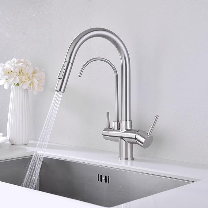 TUTEW Kitchen Faucet with Pull Down Sprayer, Kitchen Sink Faucet with Drinking Water Faucet,2 Handle 3 in 1 Water Filter Purifier Faucets,Brushed Nickel