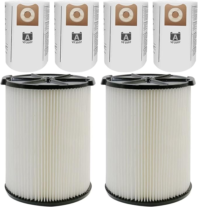2 Pack VF4000 Filter for Ridgid 72947 Standard Wet Dry Vac 5-20 Gallon Vacuum Cleaners + 4 Pack VF3502 Filter Bags Compatible with Ridgid 12-16 Gallon Wet Dry Vacuums (6 Pack) - AquaVibe