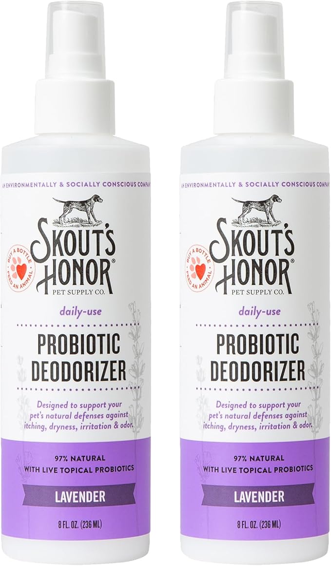 SKOUT'S HONOR Pet Probiotic Deodorizer Spray- Hydrating Daily-Use with Avocado Oil & Omega-3s, Microbiome Friendly Certified, Paraben & Sulfate-Free, 97% Natural, 8oz, Lavender, 2-Pack - AquaVibe