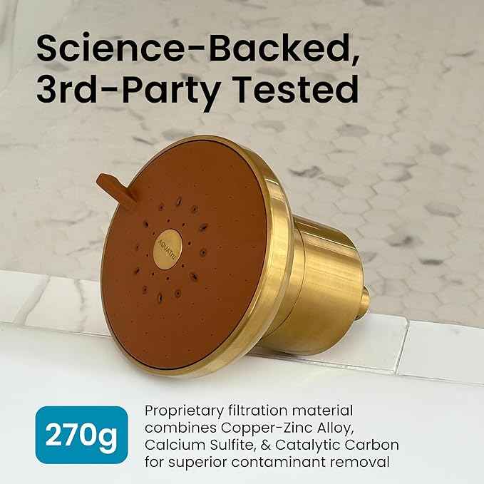 AquaTru Shower - Advanced Shower Filter Removes Impurities from Hard Water to Support Healthy Skin, Scalp, Hair, Reduce Breakage, and Enhance Your Beauty and Self-Care Routine (Brushed Gold)