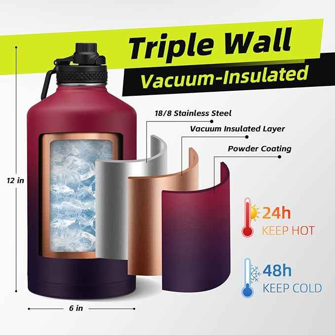 1 Gallon Insuated Water Bottle, (Keep Cold 48H), Leak Proof Food-Grade Stainless Steel Big 128 oz Water Jug With Straw Lid and Atuo Spout Lid, Portable Paracord Handle & Carrier Bag