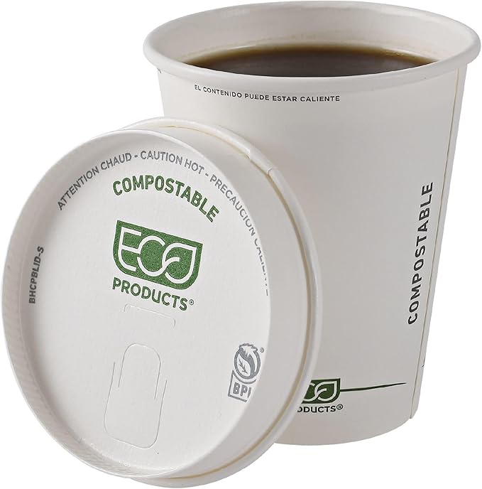 Eco-Products Compostable Paper Coffee Cup Lids, Case of 1000, White GreenStripe Tops, Fits 8oz Hot Cups, Lined With PLA, A Renewable Material Made from Plants, ASTM, BPI-Certified