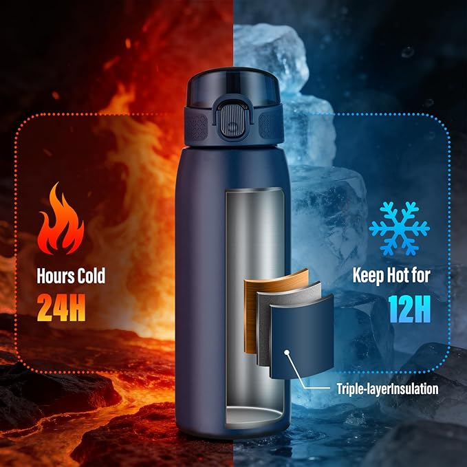 Insulated Water Bottle 18 oz with Dustproof Lid, Carry Handle & Tea Infuser, BPA-Free & Leakproof, Stainless Steel Water Bottles Ideal for Fitness, Hiking, Office & Outdoor Use （Dark Blue ）