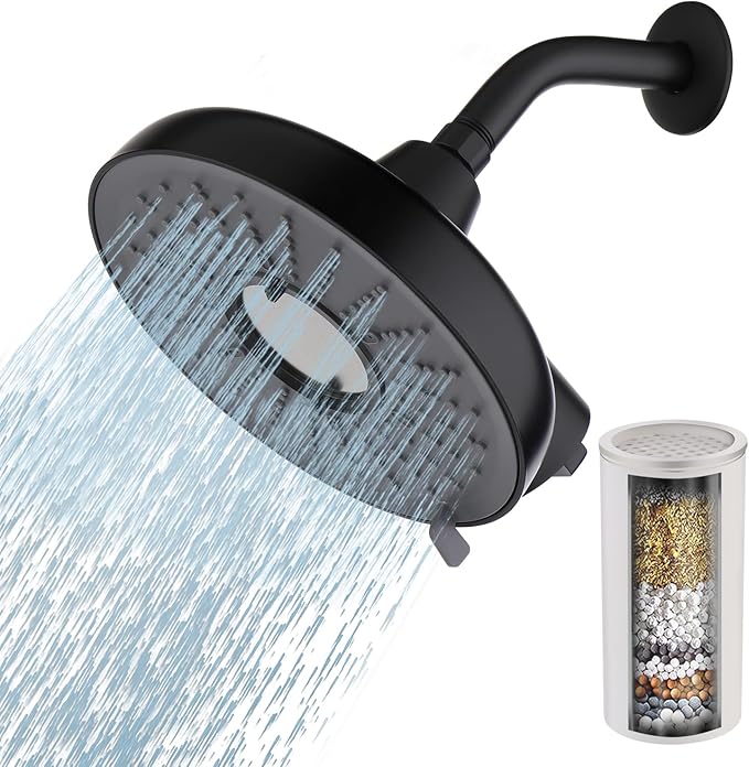 Filtered Shower head,8-Inch High Pressure Rainfall Showerhead, 360°Adjustable Swivel,3 Spray Patterns,15 Stage Shower Filter Combo（Black） - AquaVibe