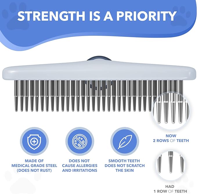 Dog rake deshedding dematting Brush Comb - Undercoat rake for Dogs, Cats, matted, Short,Long Hair Coats - Brush for Shedding, Double Row Stainless Steel pins - Reduce Shedding by 90% (Haze Blue) - AquaVibe