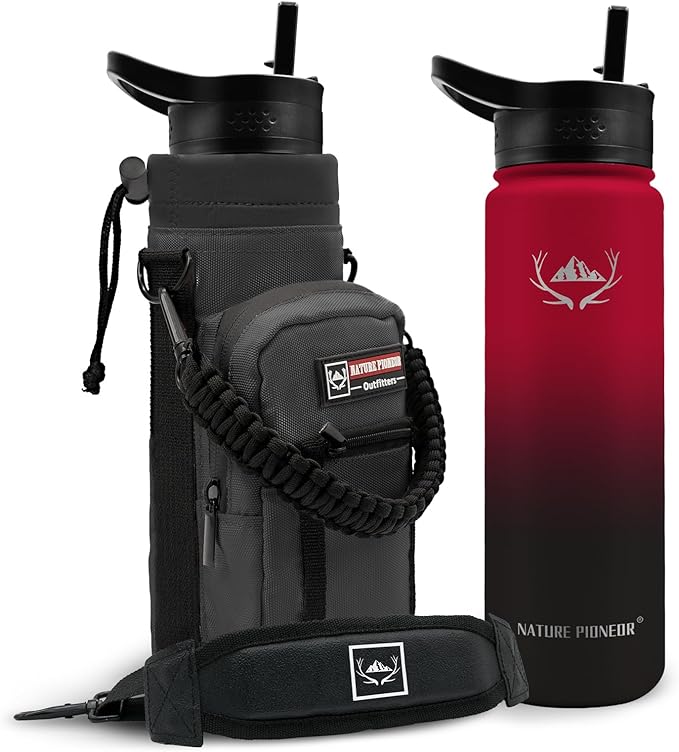 NATURE PIONEOR Insulated Water Bottles with Straw - 24oz Stainless Steel Vacuum Bottle with Holder/Carrier/Sleeve - Reusable 18/8 Food Grade 24 oz Water Jug